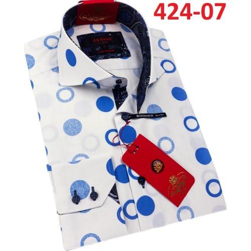 Axxess White / Blue Polka Dot Cotton Modern Fit Dress Shirt With Button Cuff 424-07